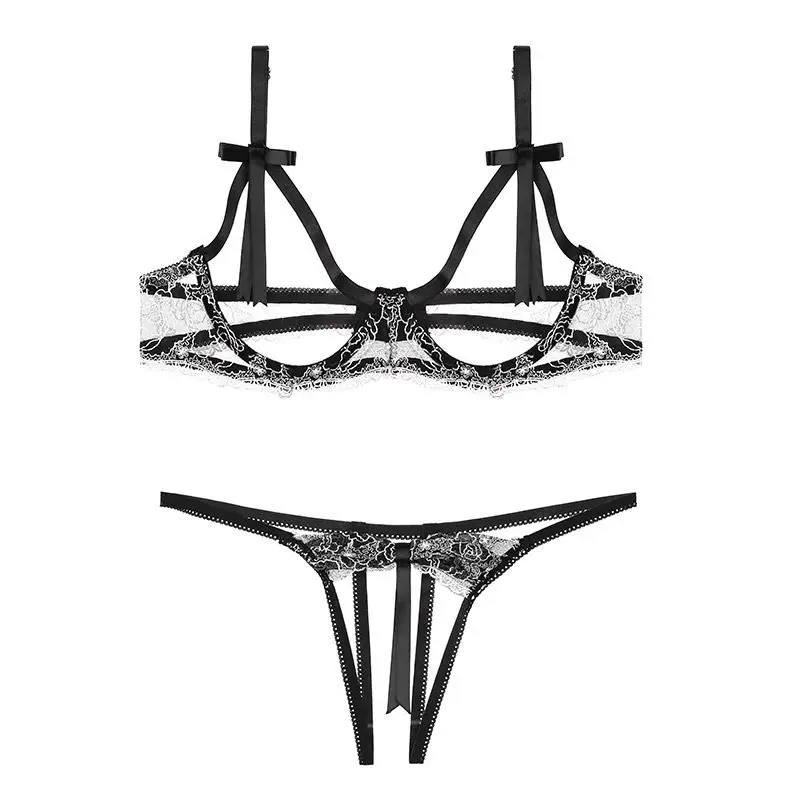 

Sexy Womens Lingerie Embroidered Hollow Porno Bra Open Crotch G-string Underpants Two-piece Suit Lace Temptation Exotic Sets