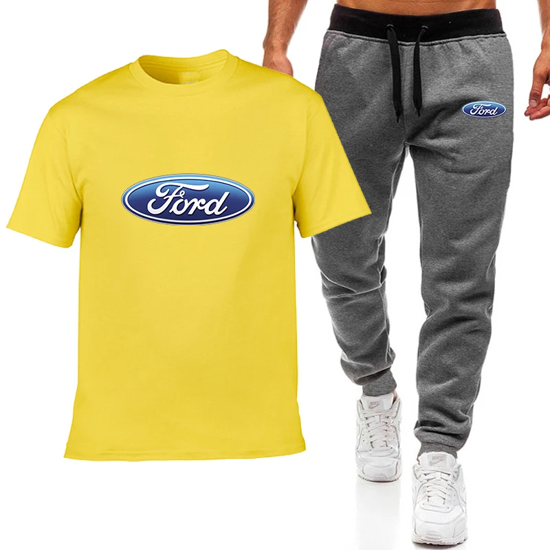 

2021 popular new Ford car logo printed pure cotton men's T-shirt + Sports length pants Set high quality Tshirt sport running