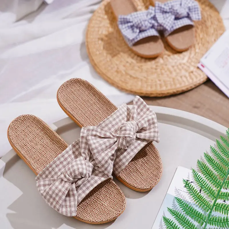 

Women Home Slippers Sweet Bowtie Indoor Linen Slides For Girls Lovely Lightweight Soft Bottom Slippers Female Beach Sandals