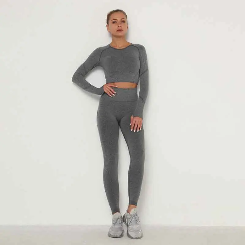 

2Pcs Seamless Yoga Set Women Workout Clothes Gym Sets Scrunch Butt High Waist Leggings+Long Sleeve Crop Top Fitness Sports Wear