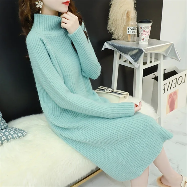 

Female Half-turtleneck Slim Fit Korean Style Dresses for Women Long Sleeve Over The Knee Knitted Dresses Winter Vestido De Mujer