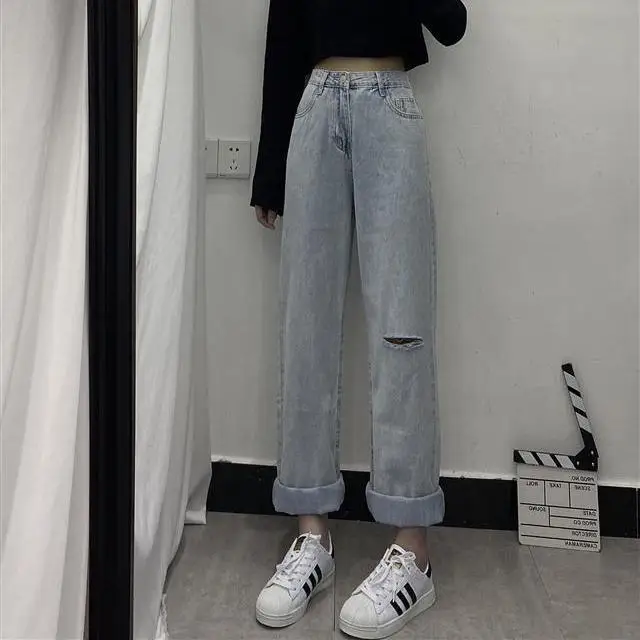 

Jeans women's spring new 2021 high waisted and thin versatile elegant CEC pants loose straight leg daddy pants