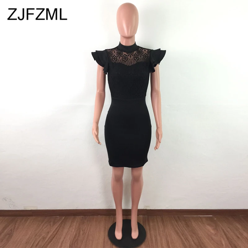 

See Through Lace Spliced Sexy Office Dress Women Sleeveless High Waist Solid Elegant Dress Skinny High Waist Midi Pencil Dress