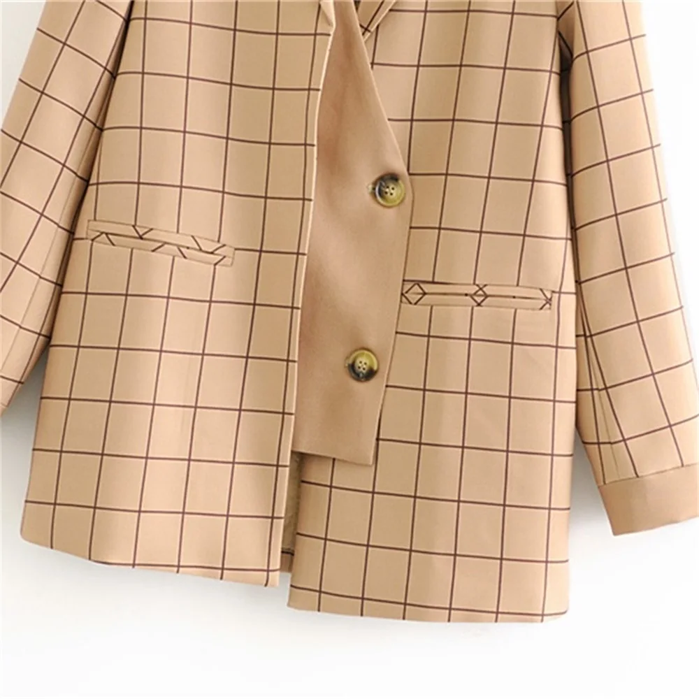 

2020 Spring Women's New Lapel Long Sleeve Fake Two Piece Retro Plaid Blazer Medium Long Plaid Suit