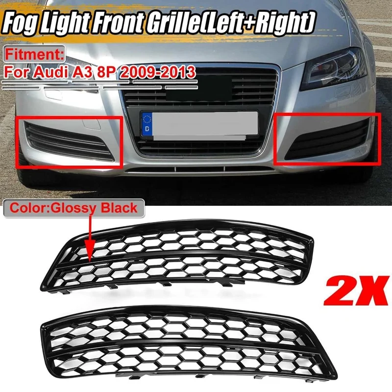 

Black HONEYCOMB Car Front Fog Light Grill Cover for- A3 8P 2009-2013 8P0807682J / 8P0807681AA T94 Honeycomb Grille