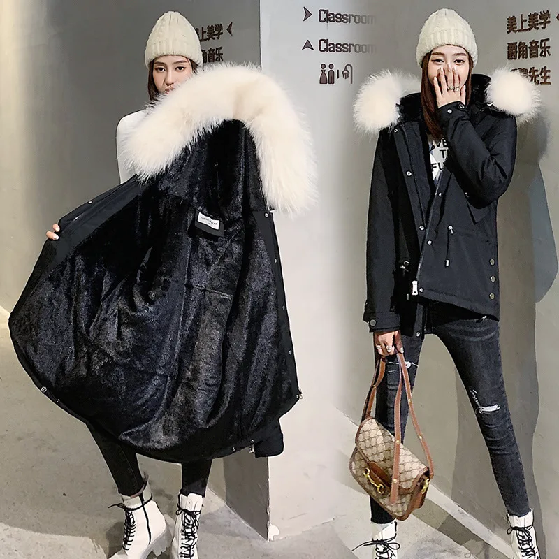 

Women's Long Winter Big Pockets Hooded Windproof Down Jacket with Fur Collar Oversized Cotton Padded Coat