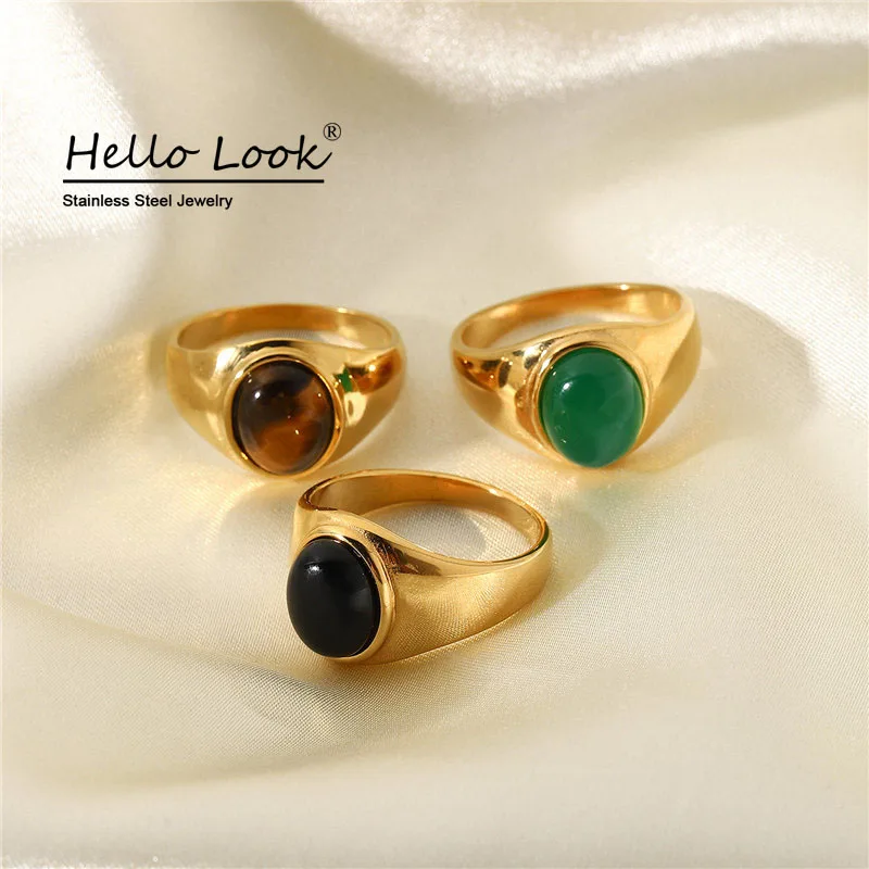 

HelloLook Tigers Eye Ring for Women 18K Gold Plated Stainless Steel Rings Retro Obsidian Ring Engagement Wedding Jewelry