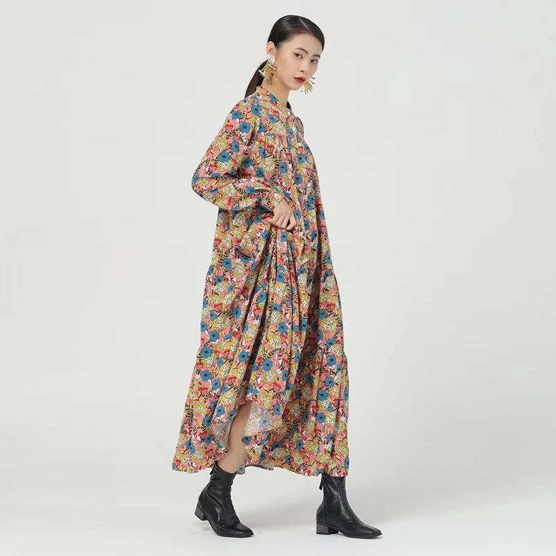 

CHICEVER Print Dress For Women Stand Collar Long Sleeve Loose Hit Color Vintage Loose Elegant Mid Dresses Female 2021 Spring New