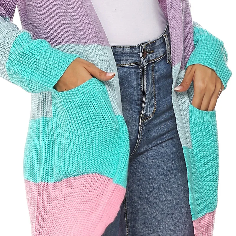 

Women Color Striped Pockets Decoration Sweater Cardigan Long Knitted Sweater Cape Coat Autumn Warm Sweaters Jacket Outwear
