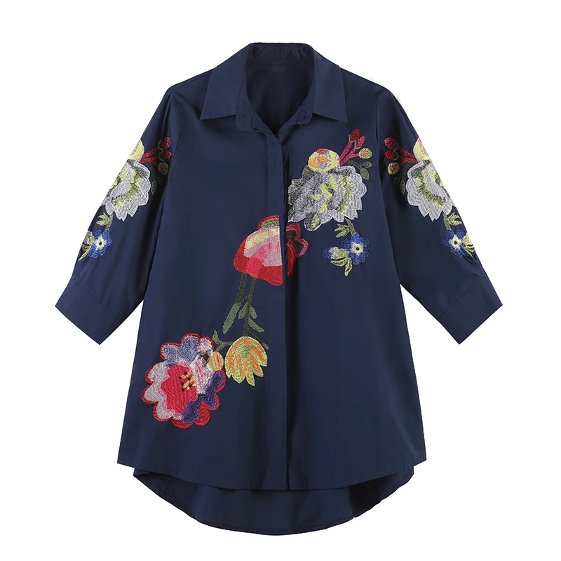 

3/4 sleeve women cotton shirts lady's embroidery flower shirts mother white cotton tops 2021 fall fashion shirt tops mujer