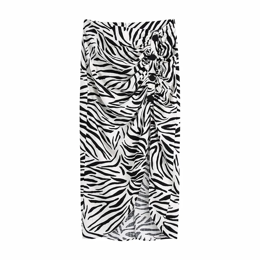 

Tide Nice New Summer Women Zebra Pattern Vintage Casual Folds Skirt Female Vogue Split Slim Streetwear Hight Waist Midi Skist