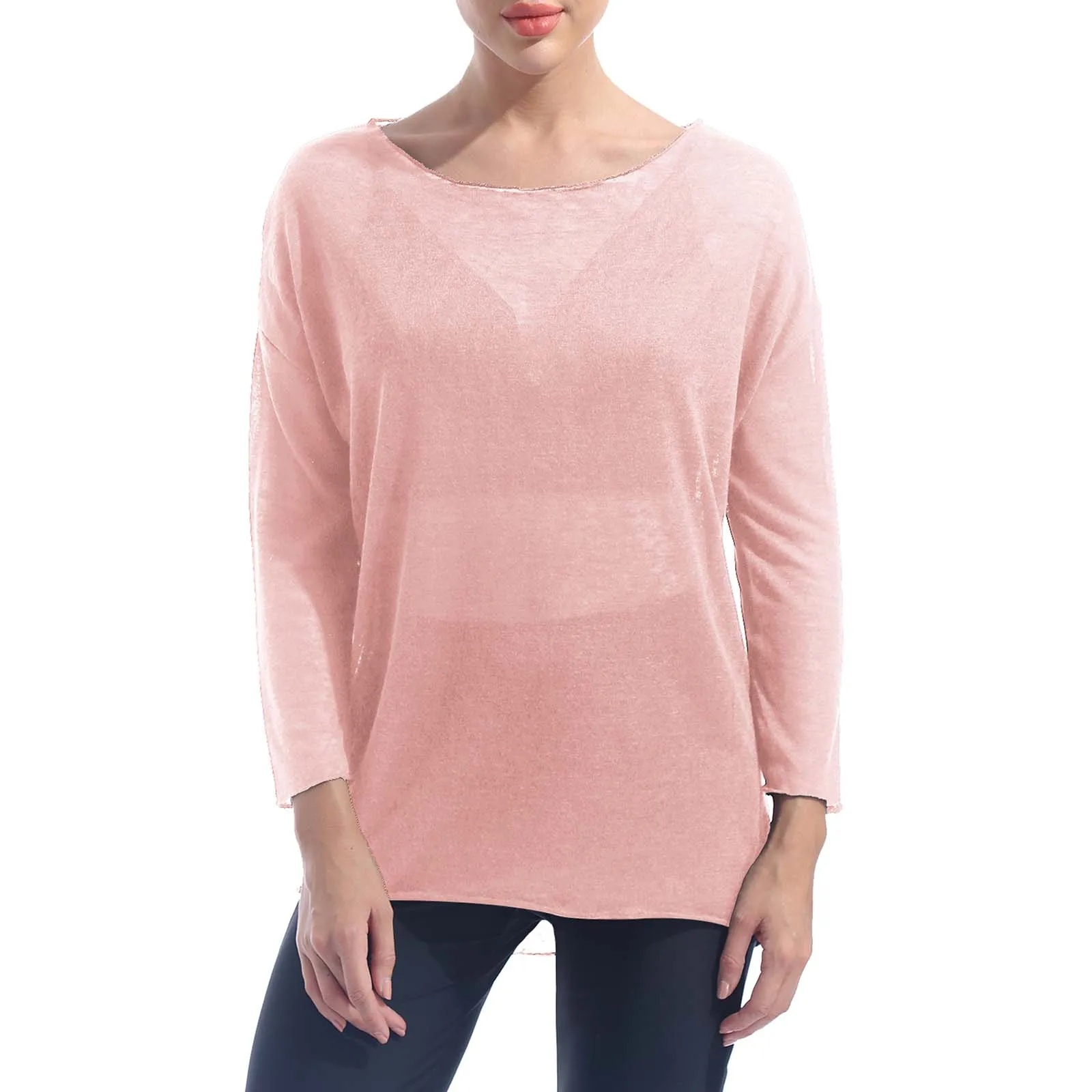 

2021 Fashion Pink Women See-Through Round Neck Long Sleeve Mesh Blouse Cover Up Tops For Gymnastics Training Leotard Dance Dress