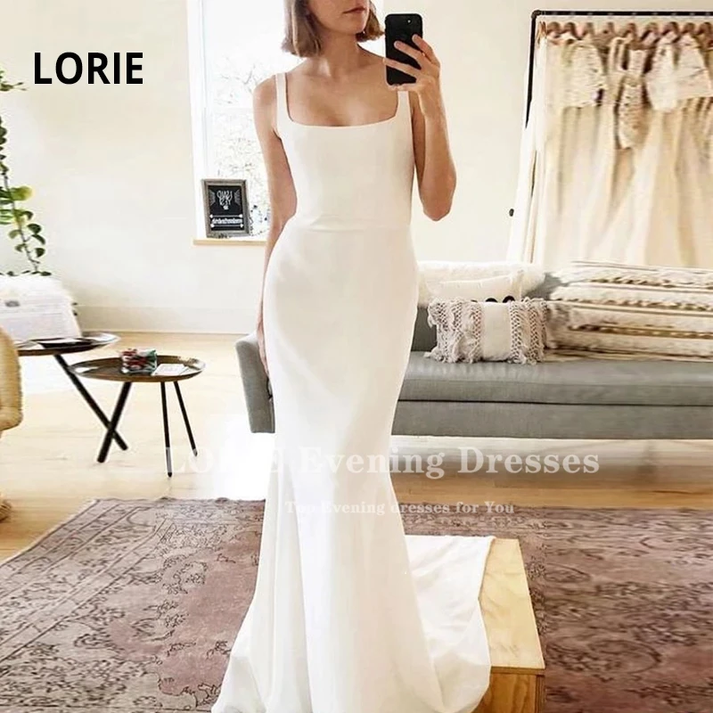 

LORIE Strap Mermaid Satin Wedding Dresses 2021 Robe De Mariee Sexy Boat Neck Court Train Simple Design Backless Vestido Novia