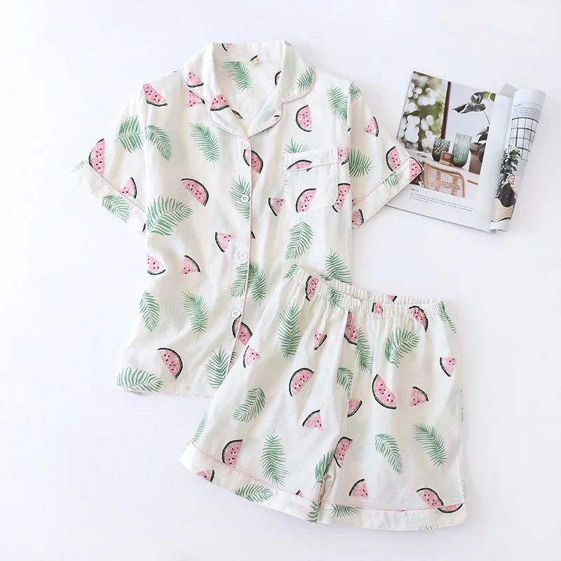 2 шт. женская пижама с принтом фруктов и отложным воротником шорты | Женская