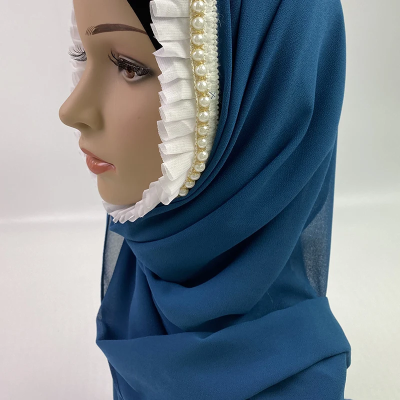 

2020 New Fashion Heavy Chiffon With Stitch Pleated Pearl Solider Shawls Headband Muslim Hijabs Scarves/Scarf