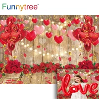 funnytree wedding decor wood happy valentines day background heart balloons floral roses bridal gold ribbons photozone backdrop