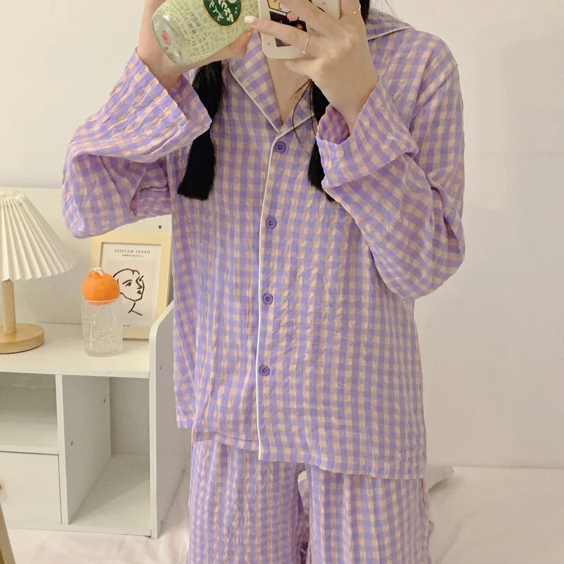 Yasuk Spring Autumn Fashion Women's Casual Solid Plaid Sleepwear Homewear Cute Pajamas Set With Pants Purple Soft Sweet Girl