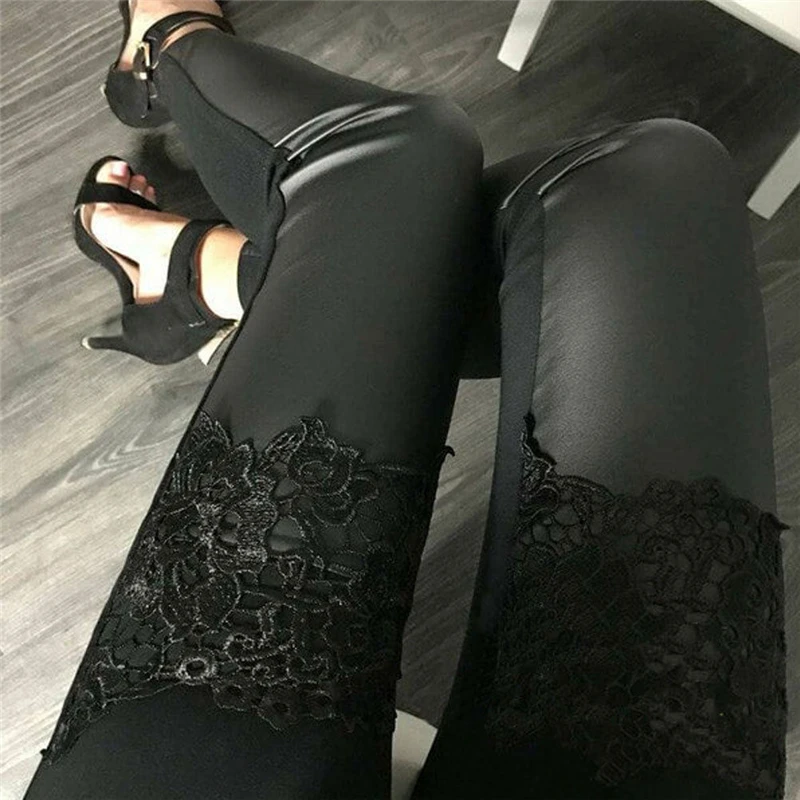 

Women High Waist Pants Women PU Leather Pencil Pants Black Lace Leggings Elastic Waist Ladies Trousers Ladies Leggings