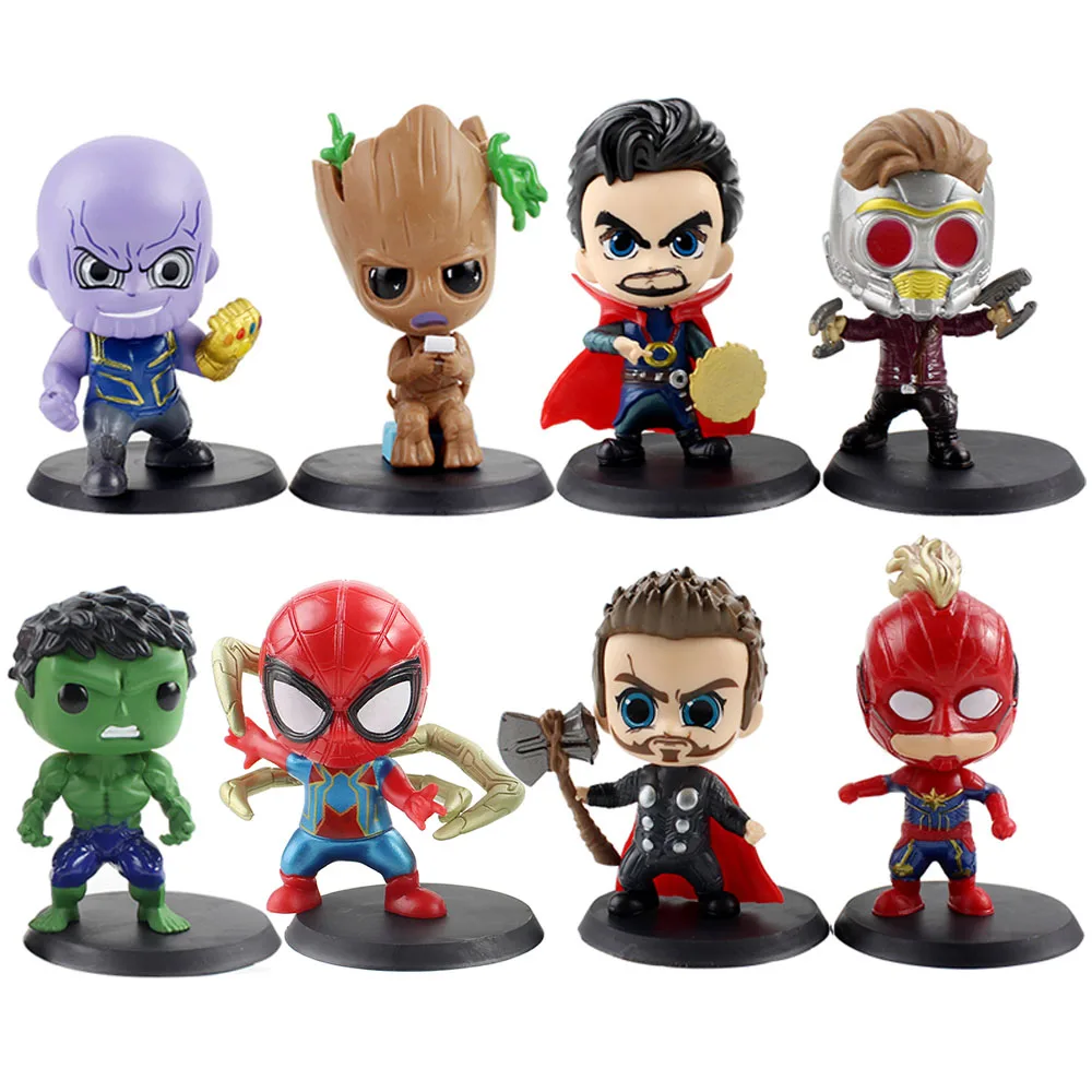 8pcs/Set 8cm Marvel Avengers Spiderman Hulk Thanos Thor PVC Action Figure Mini Decoration Model Toys Dolls Kids Gift Brinquedos - купить по