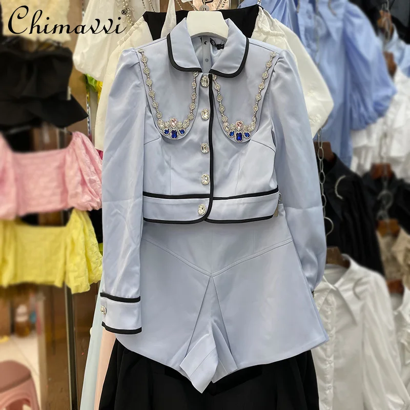 

Женский костюм из двух предметов, элегантный костюм в офисном стиле во французском стиле с длинными рукавами и шортами с украшением из стра...