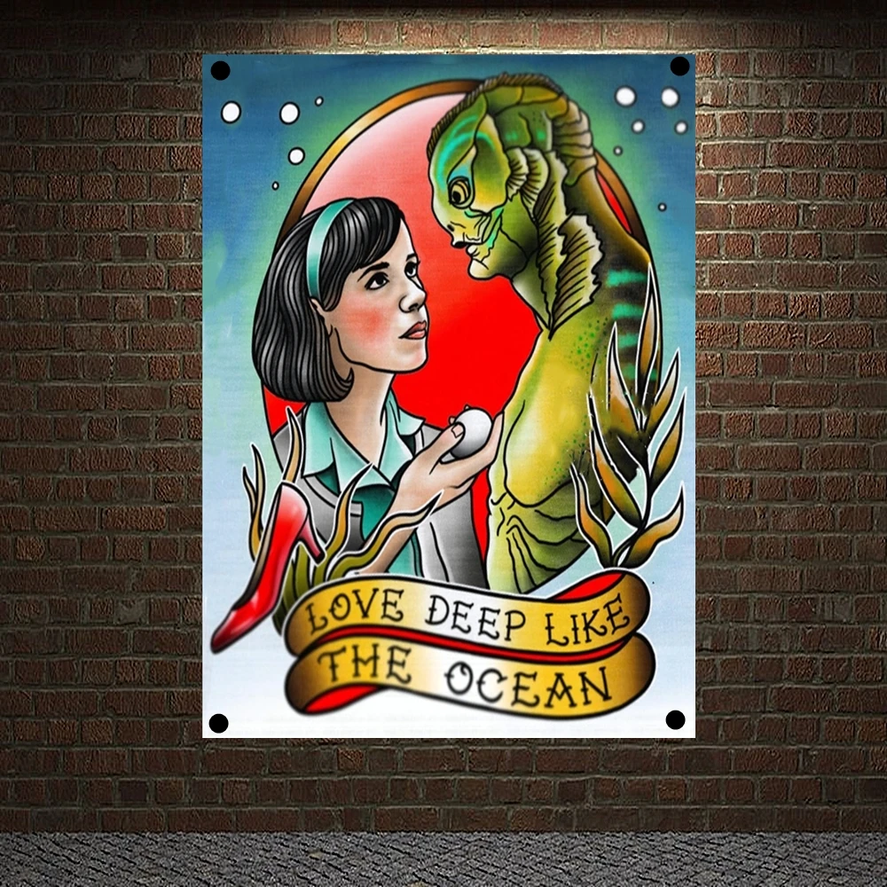 

LOVE DEEP LIKE THE OCEAN Tattoo Banner Canvas Painting Wall Art Print Posters Wall Decor Mural Hanging 4 Gromments in Corners