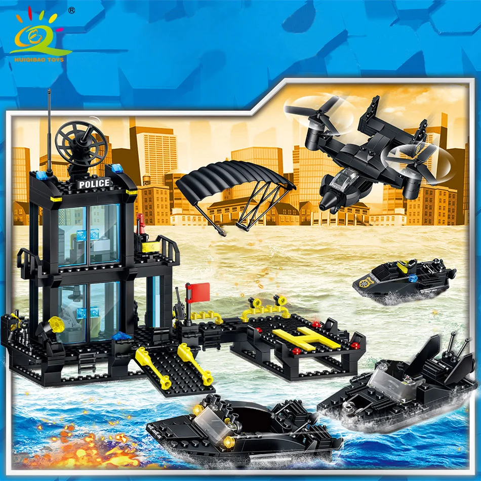 

HUIQIBAO 631Pcs Marine Police Station Dock Building Blocks City Police Helicopter Speed Boat Special Forces Figures Bricks Toys