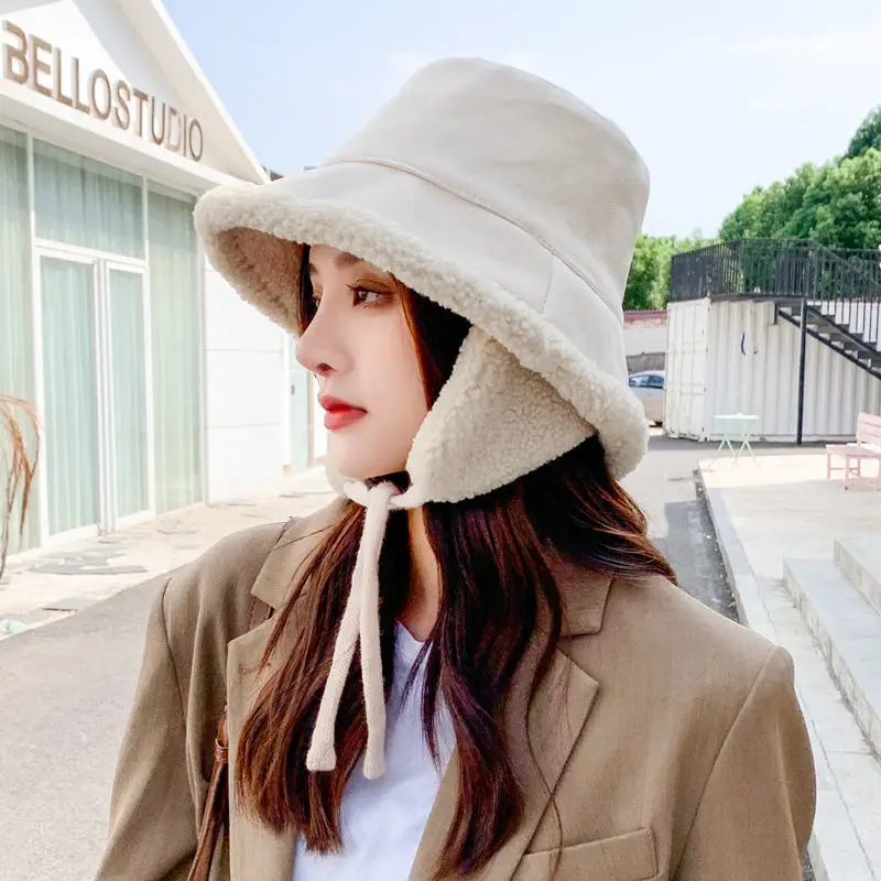 Women's Warm Winter Plush Cycling Ear Protection Bucket Hat Korean Lovely Basin Hat Student Russian Hats Fleece Fisherman's Hat
