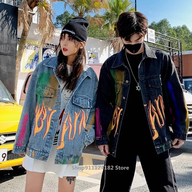 

2021 Denim Jacket Spring and Autumn fFried Street Men's and Women's Color Graffiti Hip-Hop Jacket Handsome Punk Style Couple Top
