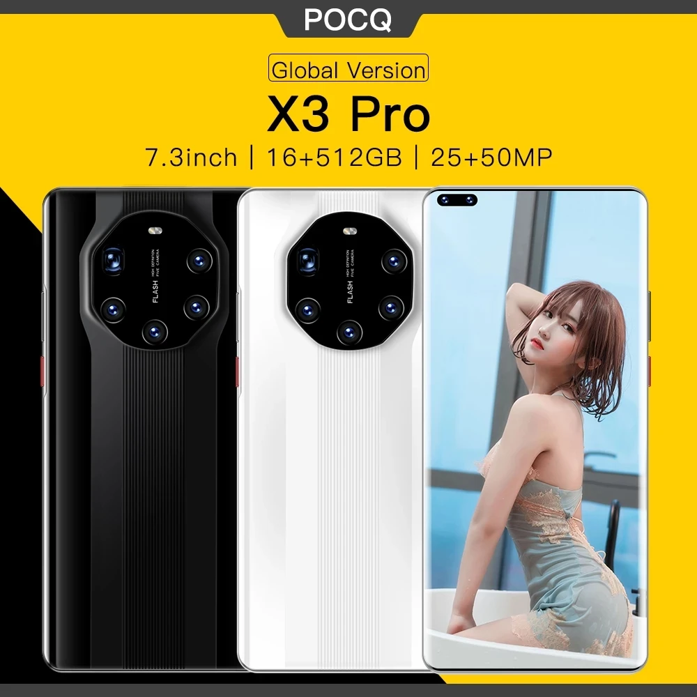 

Global Version POCQ X3 Pro 7.3 Inch Smartphone 6000mah 16G+512G Andriod 10.0 Face ID Mobile Phone Double SIM Card 5G Cellphone