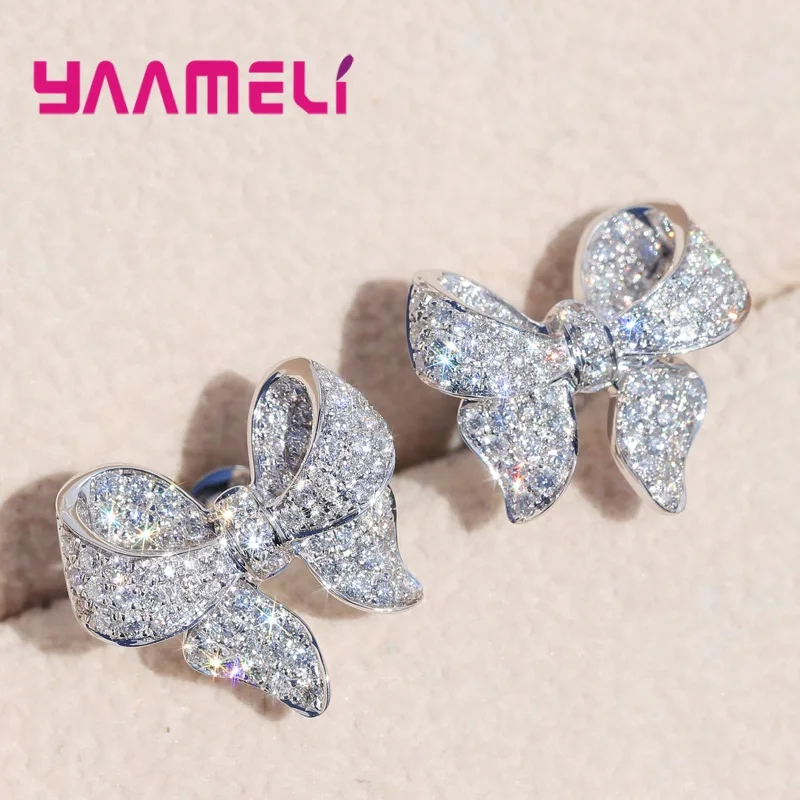 Korea OL Stylish Full Austrian Crystal CZ Earrings Pendientes Fine 925 Sterling Silver Bowknot S925 Jewellery | Украшения и