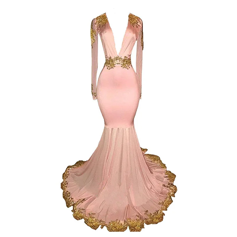 Women's White Long Sleeves Pink Prom Dress Gold Lace Appliques Mermaid Evening Dress Formal Party Dress abendkleider