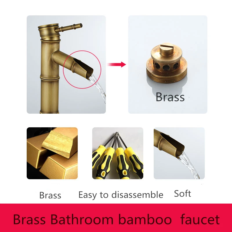 Ретро Медный бамбуковый кран над столешницей антикварный для горячей и холодной