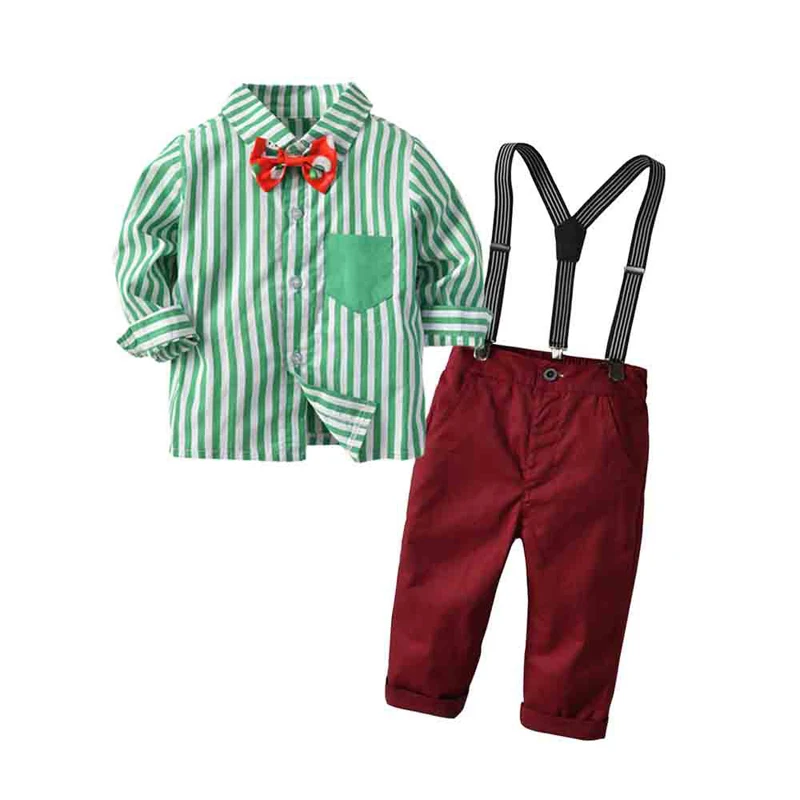 

Children Suit 2020 Autumn New Boys Christmas Day Sets Little Boys Striped Shirt Overalls Gentleman Bow Tie Three-piece 0-4 Years