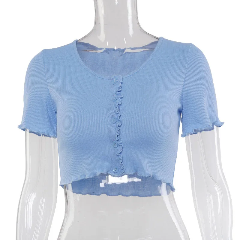 Женский эластичный кроп топ с рюшами на рукавах зеленая или синяя однотонная