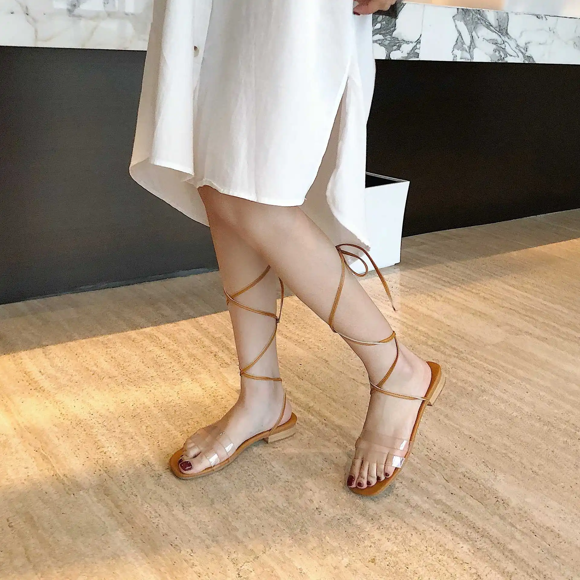 

2021 new Sandals women's fashion simple transparent sandals versatile fairy style one line Roman flat shoes