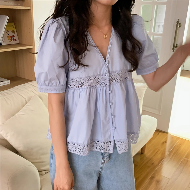 

Summer Retro 2021 Loose Vintage New Hot Blouses Solid New Chic Puff Sleeve Sweet Elengant Sweet Female Shirts Tops
