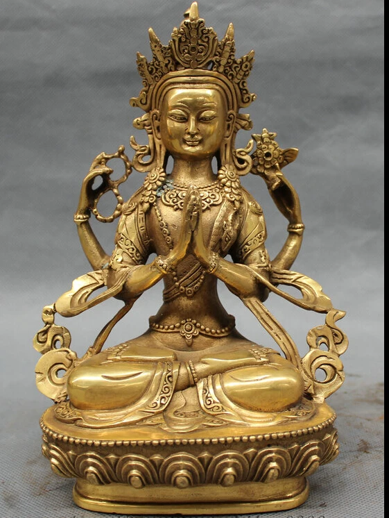 8 дюймов тибетская латунная фольклорная буддистская статуя Гуань Инь 4 руки Будда