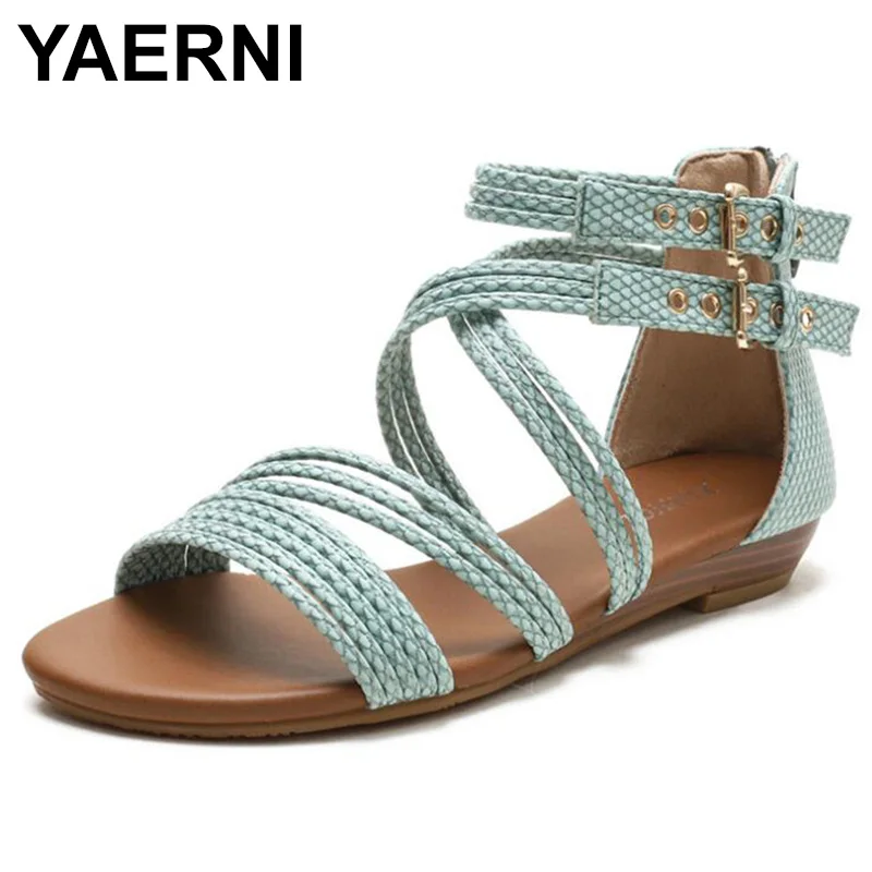 

YAERNI Female Serpentine Cross Straps Open Toe Flat Sandals Fashion Soft Bottom Rome Sandals Summer Shoes Women Sandalias mujer