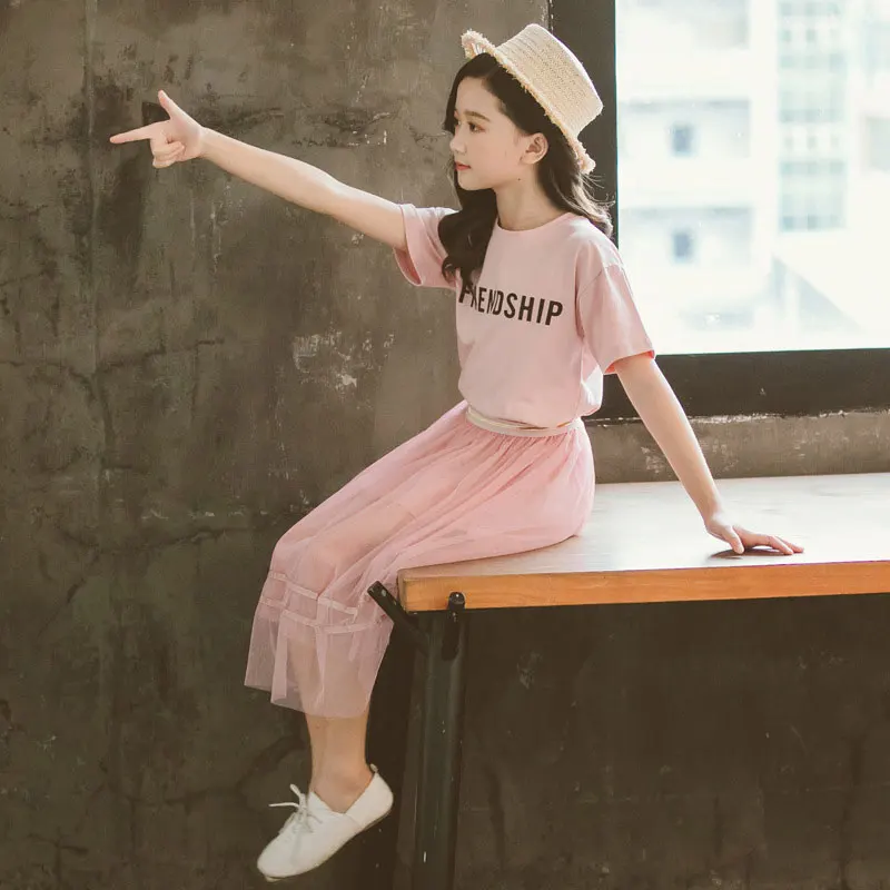 Детские летние костюмы для девочек длинная футболка + юбка комплект из 2