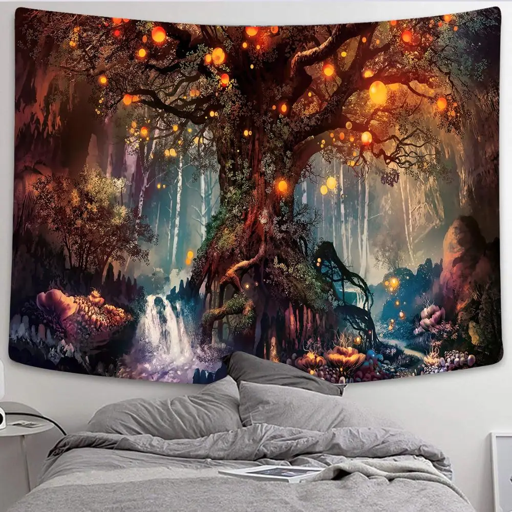 

150*100cm Mushroom Forest Castle Tapestry Fairytale Trippy Colorful Butterfly Wall Hanging Tapestry for Home Dorm Fantasy Decor