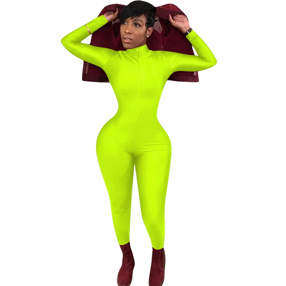 Однотонный Облегающий комбинезон на молнии спереди женские комбинезоны с