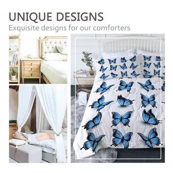 BlessLiving Butterfly Quilt Set Black Spot Butterfly Bedding Set Blue Air Conditioning Cover Set Modern Bed Cover Home Decor 3