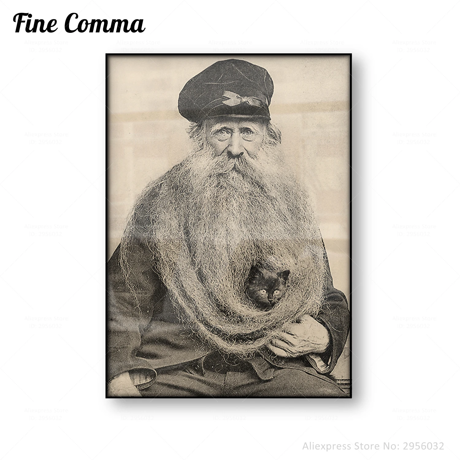 Винтажный постер с длинной бородой и черной кошкой, старая фотография, печать на холсте, черная кошка, забавная кошка, настенное искусство, фото, украшение для дома