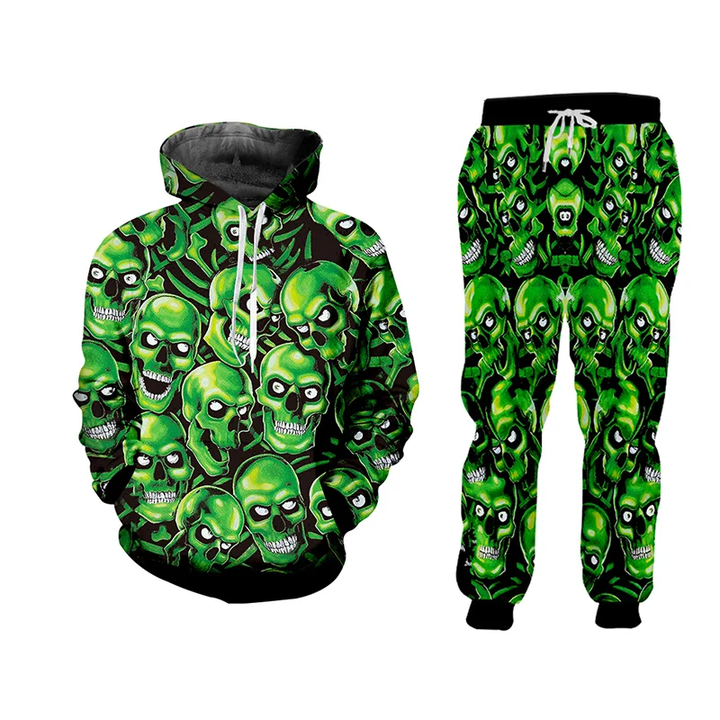 

CJLM Skeleton Green Suit Tracksuit 2 Piece Tops Pants Mens Sweat Suits Set Printed Multiple Skulls Jogger Sets For Men Clothing