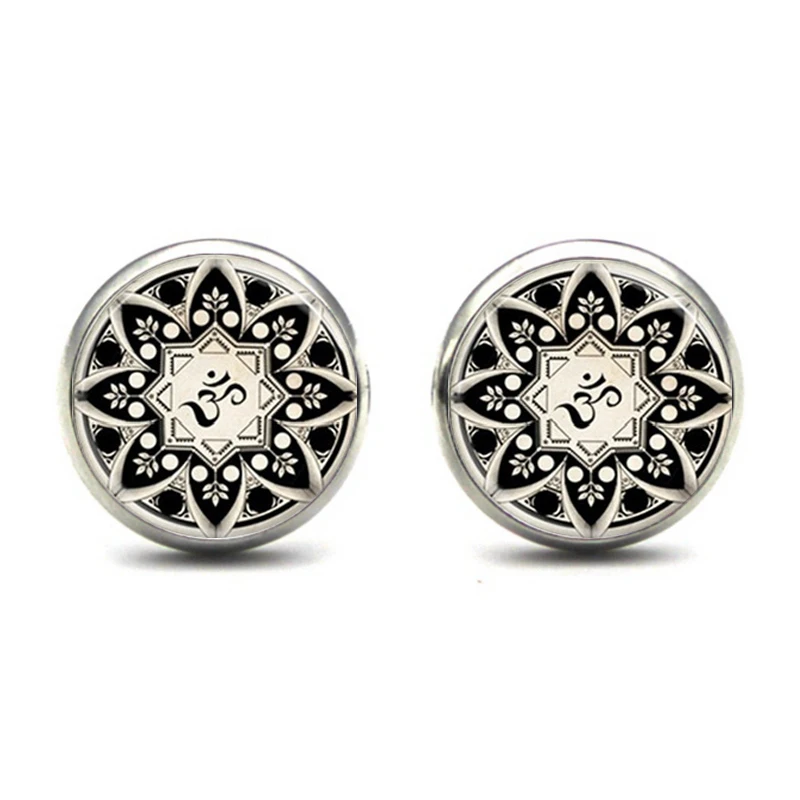 

2020 vintage glass cabochon om yoga mandala women stud earrings spirit classic buddhist pattern religious jewelry fashion gifts