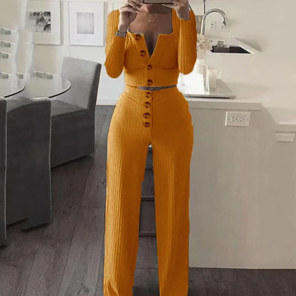 White Spring Women's 2 Piece Knitted Outfits Button Square Collar Long-Sleeve Crop Top Pants Two Set Women Party Clothes | Женская