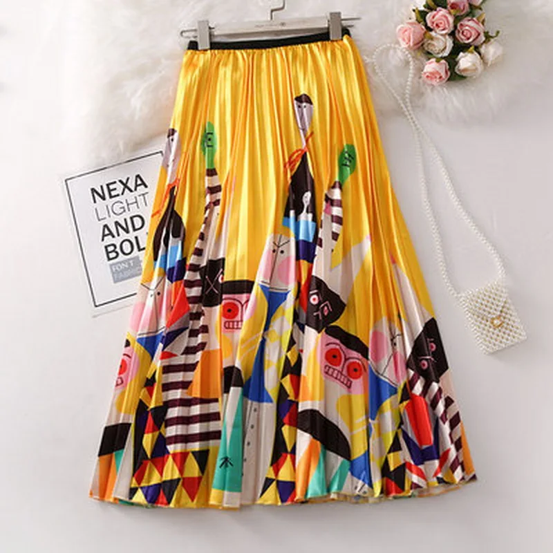 

QRWR Fashion 2021 Womenswear Ladies Floral Skirt Midi Length Bohemian Summer Skirts Elastic Waist Casual Pleated Skirt Women