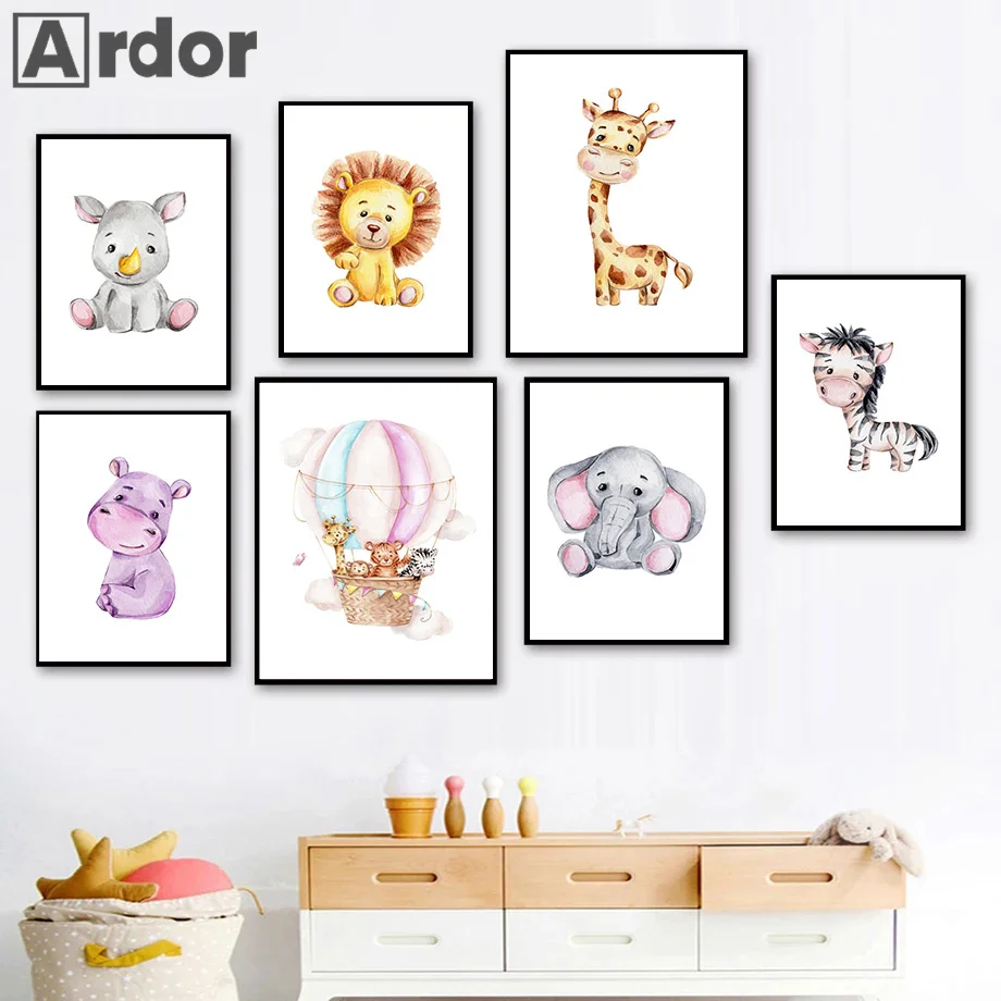 

Nordic Elephant Giraffe Zebra Lion Rhino Animal Poster Hot Air Balloon Prints Nursery Wall Art Canvas Painting Kids Room Decor