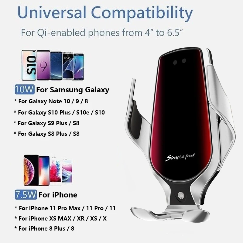 Беспроводное автомобильное зарядное устройство для iPhone 11 Pro Samsung S10 S9 S8 Plus Note 10 9 8