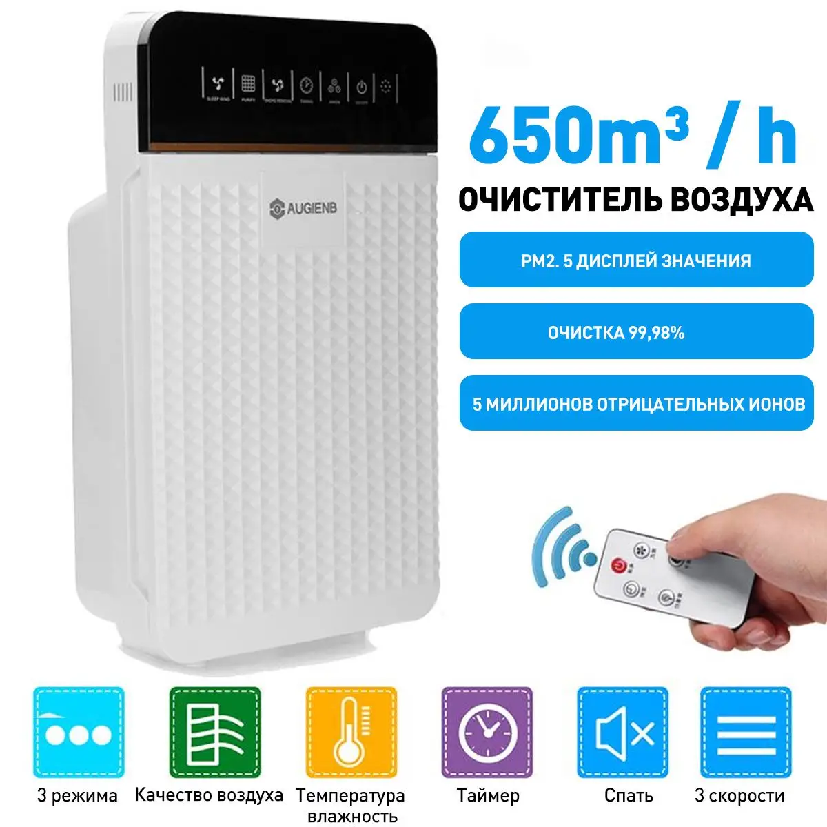 

AUGIENB Air Purifier Negative Ion Air Cleaner HEPA Filter Remove Formaldehyde PM2.5 Smoke Dust Automatic Monitors Remote Control
